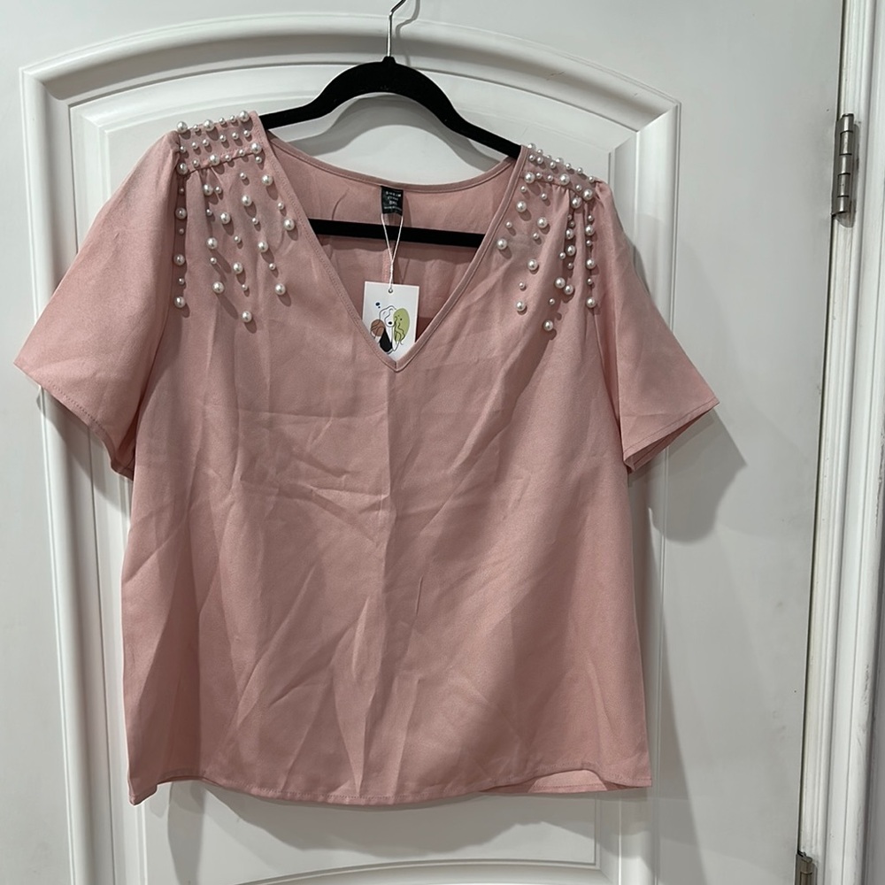 SHEIN curve plus Pink Embellished Boxy Short Sleeve Blouse